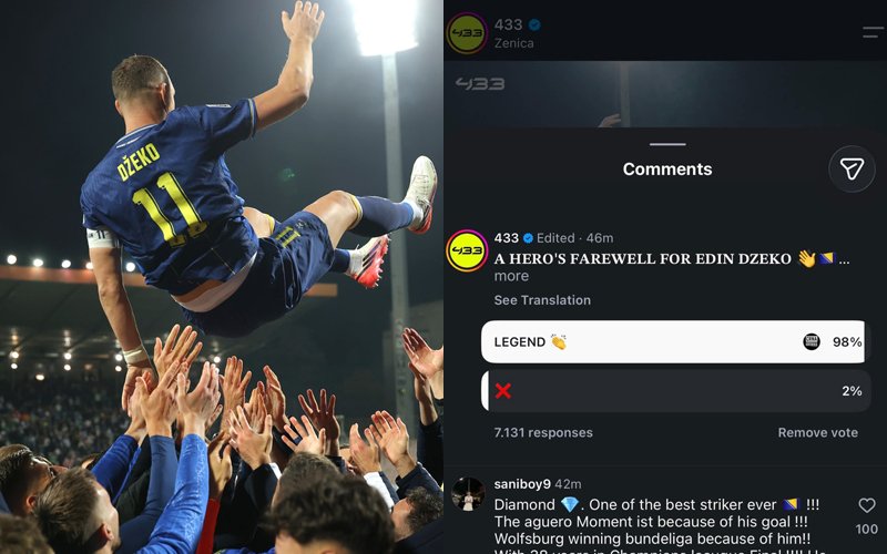 Instagram stranica od 79 mil. pratitelja pitala fanove “je li Edin Džeko legenda?”. Čak 98% fanova odgovorilo potvrdno